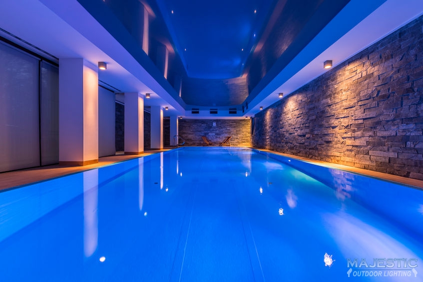 Swimming Pool With Decorative LED Lights & Brick Wall