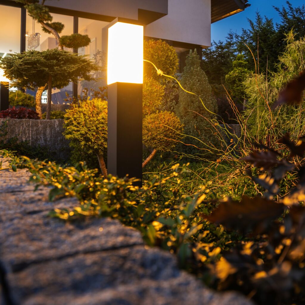 outdoor light illuminating cobblestone path with lots of vegetation